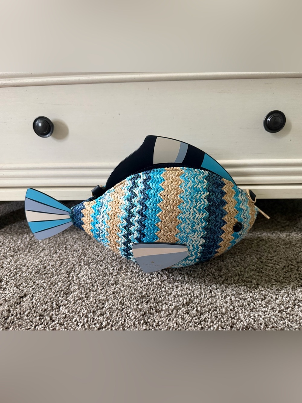 kate spade woven fish crossbody in blue, tan and navy